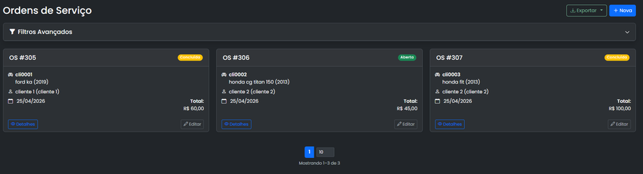 Lista de ordens de servico do MecaPulse