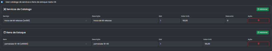 Itens de servico e pecas da ordem