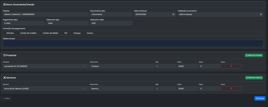 Cadastro de venda e orcamento
